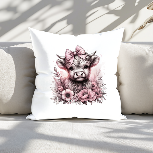 Pink Highland Cow Cushion Cover