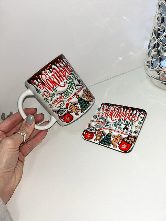 North Pole hot chocolate mug and coaster set