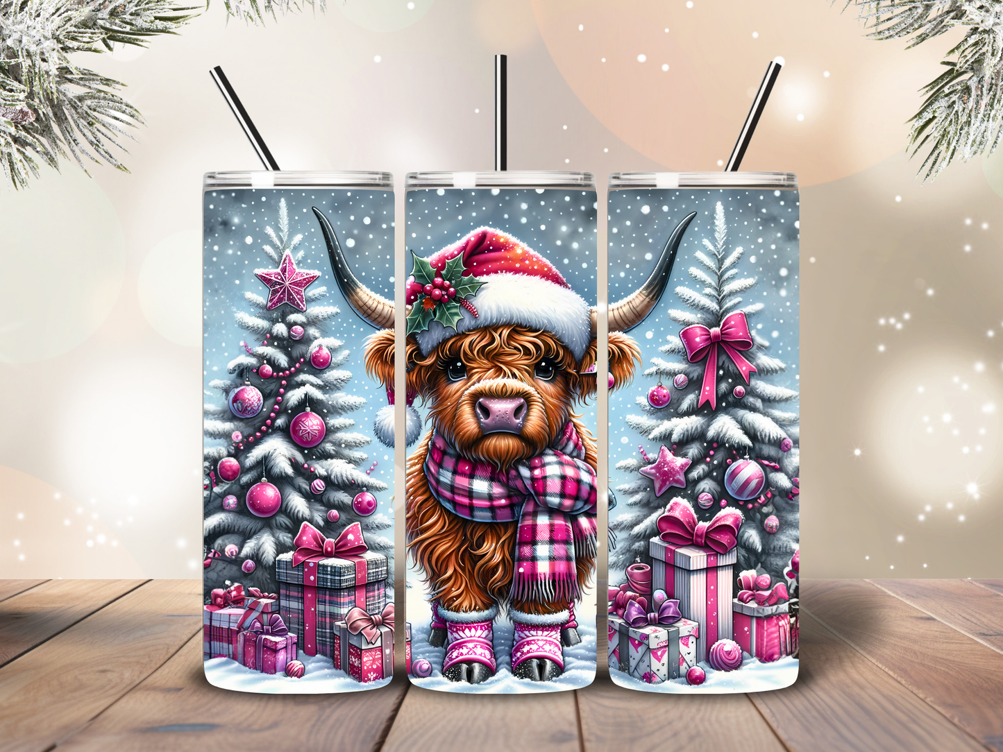 Pink Christmas Highland Cow 20oz Tumbler